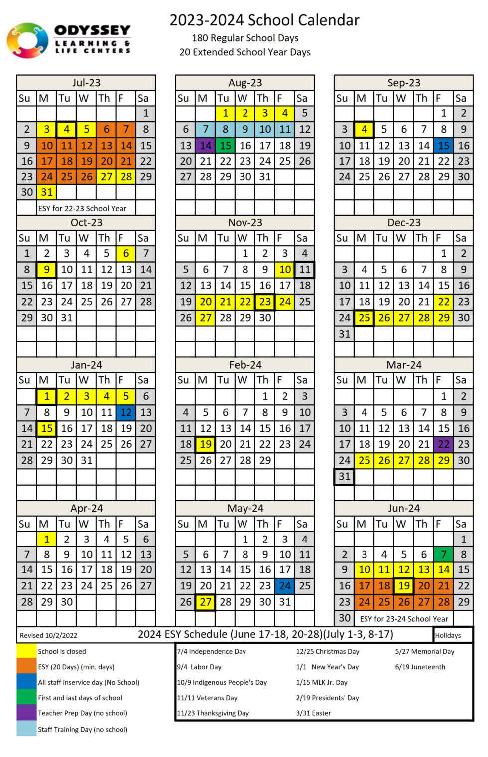 Annual School Calendar for Odyssey Learning Center